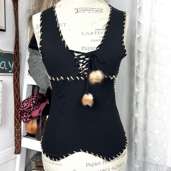 Roberto Cavalli black top with fur stitched edges and fur details sz.L vintage - Picture 1 of 12